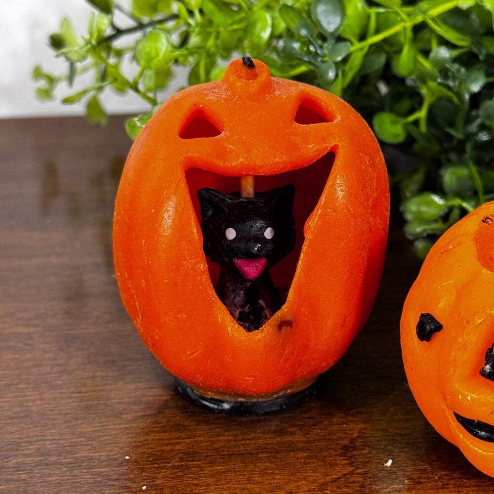 Vintage Halloween Candles Set of 2 Pumpkins Black Cat Kitschy Decor - Picture 2 of 4